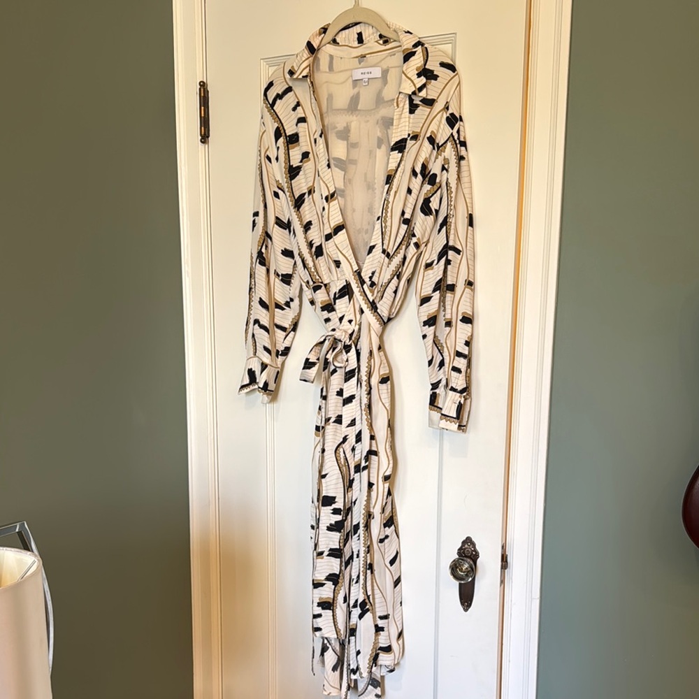 Reiss Black and Cream Pattern Wrap Dress